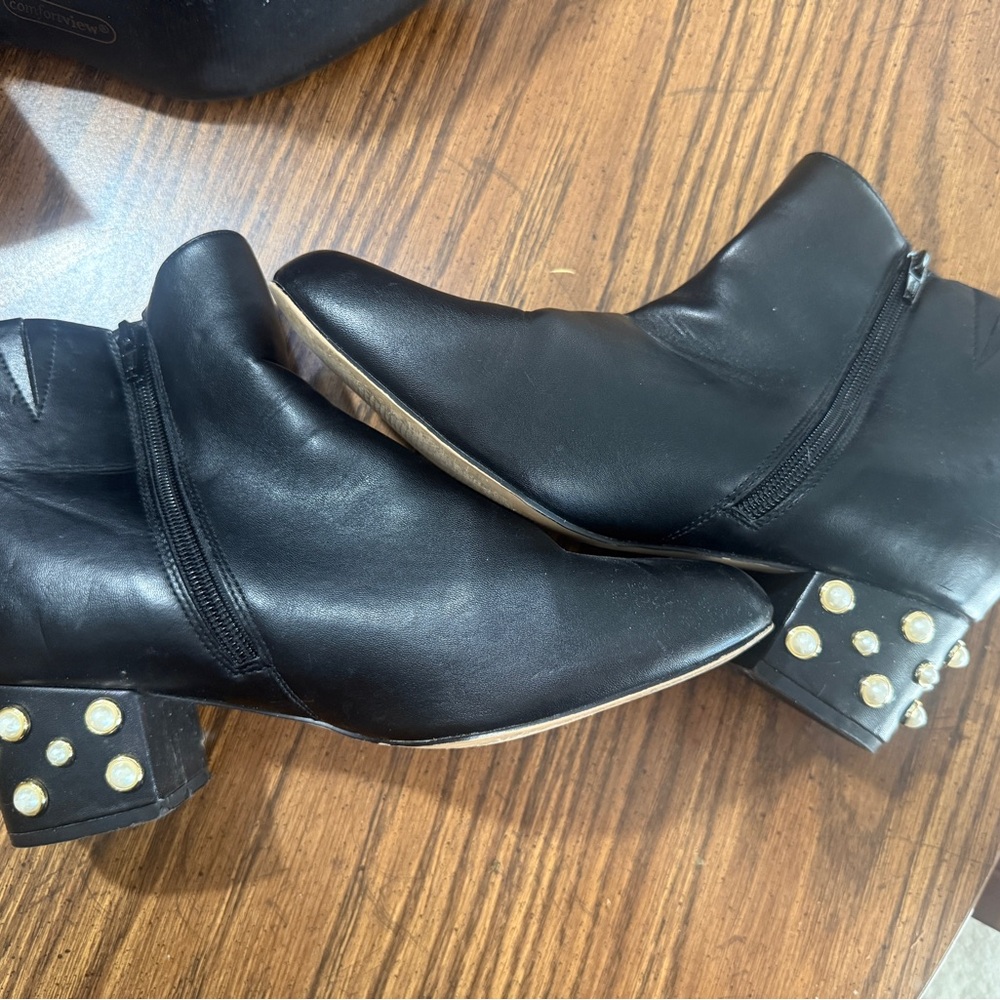 Comfortview Black Heeled Boots with Gold Studs